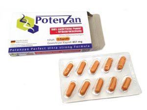 la boite avec un blister de dix pilules de Potenzan, le produit soutenant la performance sexuelle